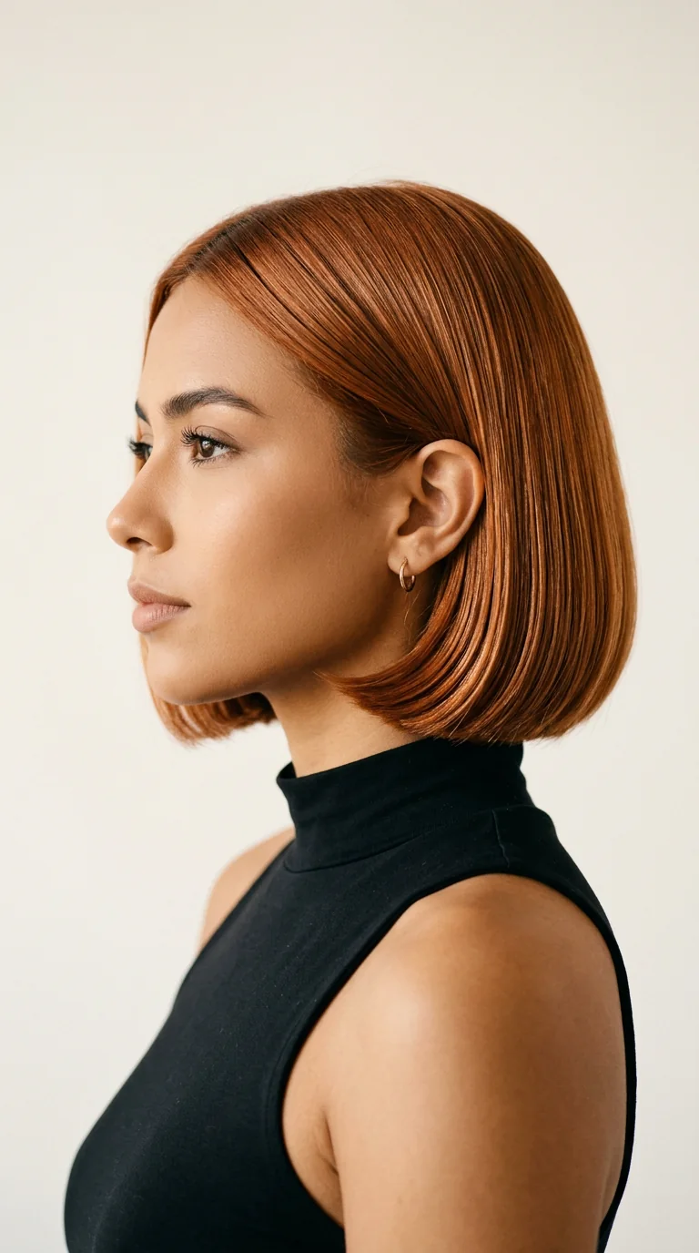 Mujer con bob cobrizo brillante, retrato editorial