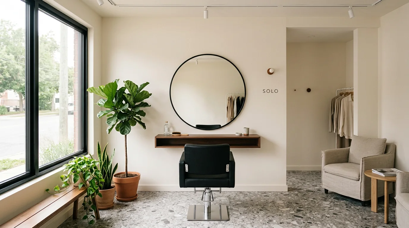 Interior minimalista del salón con espejo redondo y sillón negro